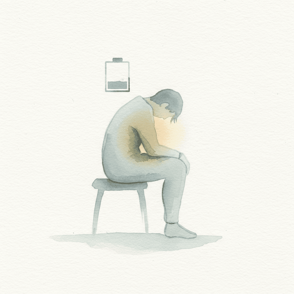 Abstrakte Aquarellzeichnung einer müden Person mit einem schwachen leeren Batteriesymbol in der Nähe, sanften, gedämpften Blau- und Grautönen, die Erschöpfung und stille Hoffnung vermitteln.