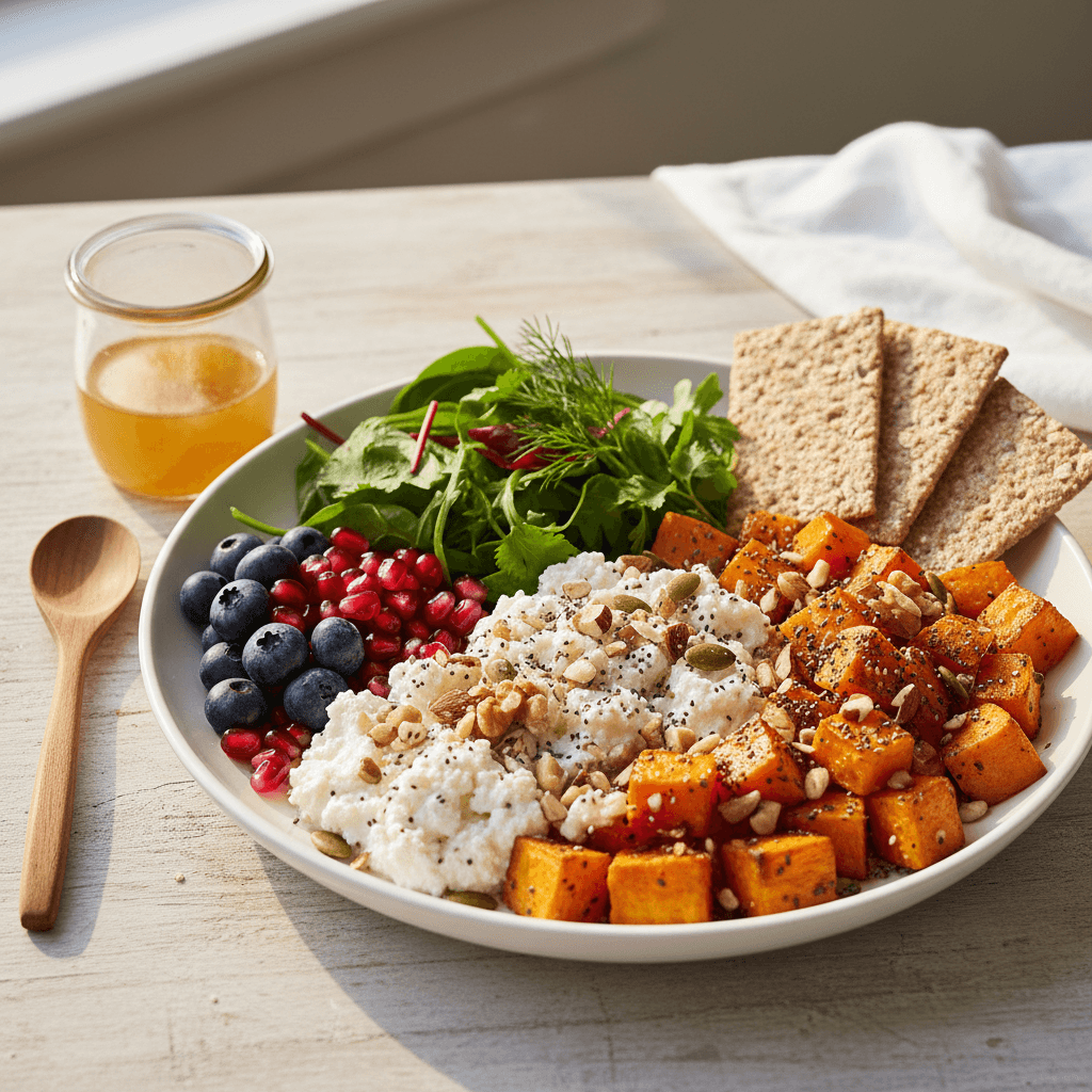 Ein heller Teller, der eine gesunde Fit Foodie-Mahlzeit mit Hüttenkäse, gerösteten Süßkartoffelwürfeln, Beeren, gemischtem Grün, Nüssen, Samen und Vollkorn-Crackern im warmen Morgenlicht zeigt.