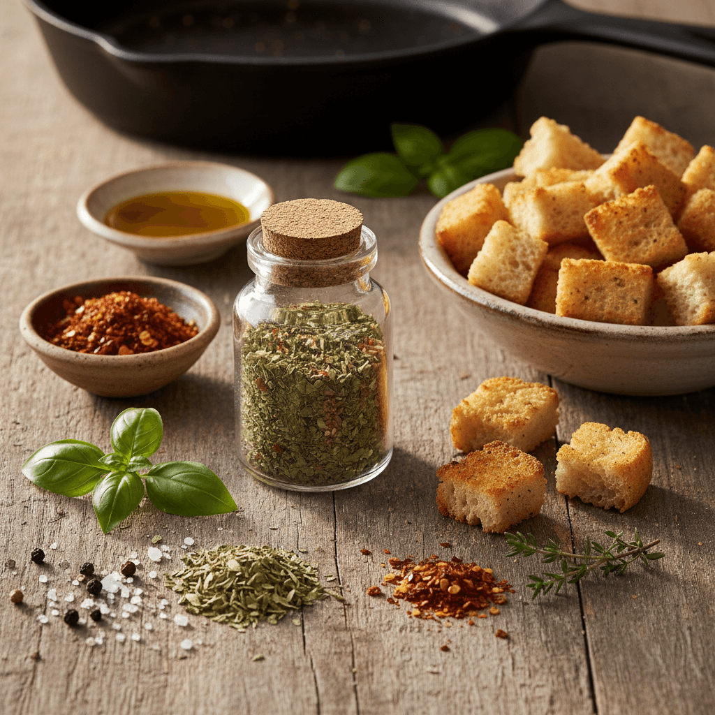 Hausgemachte italienische Gewürzmischung und hausgemachte Croutons auf einer Holzoberfläche